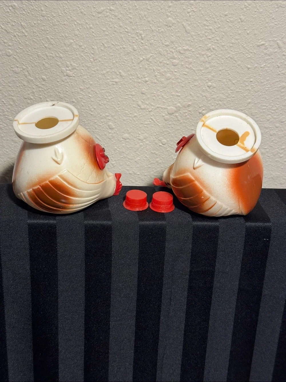 Vintage Plastic Rooster Salt & Pepper Shakers - Cream with brown and red accents